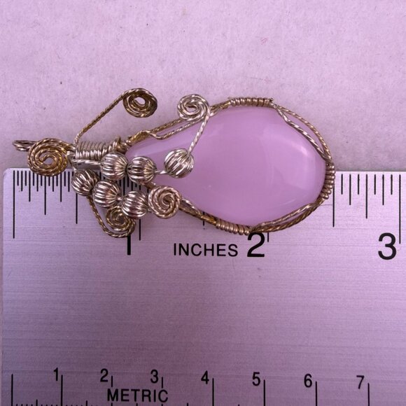 Wire-Wrapped Womens Pink Rose Quartz Pendant Various Metal Swirls Curved Design - Picture 3 of 3